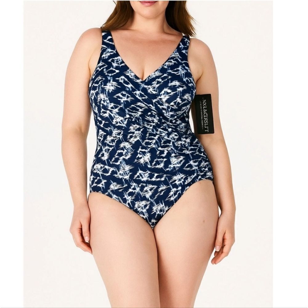 Miraclesuit Geometic Surpice Warp Soft Cup One Piece Swimsuit Blue White Size 10